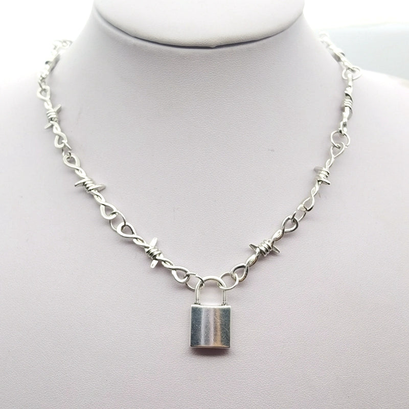 Silver Barb Wire Necklace With Padlock